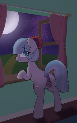accessory anatomically_correct anatomically_correct_genitalia anatomically_correct_vulva animal_genitalia animal_vulva anus blue_eyes blue_hair bodily_fluids butt clitoral_winking clitoris curtains cutie_mark dark dock_(anatomy) equine_genitalia equine_vulva eyebrow_through_hair eyebrows eyelashes female feral flower flower_in_hair genital_fluids genitals hair hair_accessory hooves inside leaning leaning_forward looking_at_viewer looking_back moon night plant puffy_anus quadruped rear_view shadow short_hair sky smile solo standing star starry_sky tail translucent translucent_hair vaginal_fluids vulva window lockheart friendship_is_magic hasbro my_little_pony coco_pommel_(mlp) earth_pony equid equine horse mammal pony 2017 portrait