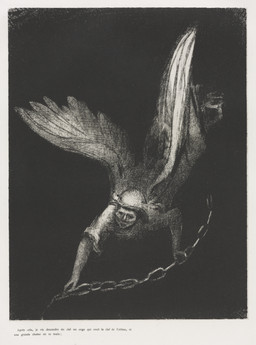 ambiguous_gender ambiguous_humanoid back_wings biped chain clothed clothed_ambiguous clothed_humanoid clothing feathered_wings feathers flying holding_chain holding_object humanoid_hands not_furry simple_background solo text wings odilon_redon bible public_domain angel humanoid winged_humanoid 1899 19th_century absurd_res ancient_art french_text hi_res lithograph_(artwork) monochrome traditional_media_(artwork)