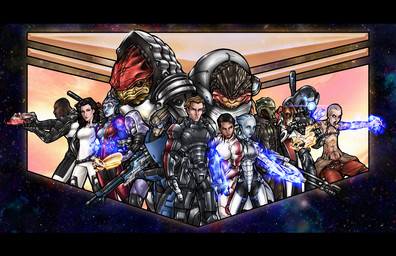 aiming armor black_bars black_hair blue_body blue_skin brown_body brown_hair brown_skin clothing female group gun hair handgun large_group male pistol ranged_weapon rifle size_difference standing weapon adamwithers bioware electronic_arts mass_effect commander_shepard alien alien_humanoid asari human humanoid mammal character_request letterbox