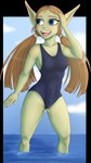 accessory blue_eyes breasts brown_hair clothing eyebrows eyelashes female green_body green_skin hair hair_accessory hair_tie hand_on_head humanoid_pointy_ears long_hair not_furry one-piece_swimsuit open_mouth open_smile pointy_ears smile solo standing swimwear teeth twintails_(hairstyle) water fragile-frigil runescape zanik goblin humanoid 2020 alpha_channel hi_res