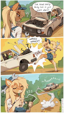 5_fingers anthro biped blonde_hair bottomwear breasts brown_body brown_fur car clothed clothed_anthro clothed_female clothed_male clothing day dialogue duo eyes_closed female fingers fully_clothed fully_clothed_anthro fully_clothed_female fully_clothed_male fur hair holding_money holding_object male mechanic money open_mouth open_smile outside sitting sky smile teeth text tongue topwear vehicle waspsalad almond_(waspsalad) deer mammal 2025 absurd_res comic digital_media_(artwork) english_text hi_res