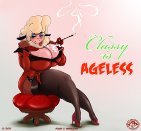 anthro big_breasts biped breasts butt cigarette cigarette_holder classy cleavage clothed clothing curvy_figure elderly elderly_female eyelashes eyeshadow female footwear fully_clothed gloves half-closed_eyes hand_on_breast handwear heart_symbol high_heels huge_breasts legwear lipstick looking_at_viewer makeup markings mature_anthro mature_female mole_(marking) narrowed_eyes pose red_clothing red_gloves red_handwear red_lipstick shoes sitting smile smoke smoking solo stockings text thigh_highs voluptuous wide_hips grandmasterfdc helbaa_(smutbooru) bovid caprine domestic_sheep mammal sheep 2017 digital_media_(artwork) english_text hi_res pinup