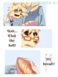 asian_clothing baby black_sclera bread clothing duo east_asian_clothing eyewear female food fur glasses humor japanese_clothing joke male male/female necktie patient pregnant sharp_teeth teeth text yellow_body yellow_eyes yellow_fur young animation_5 canid canine canis humanoid mammal wolf 3:4 comic english_text hi_res japanese_text meme