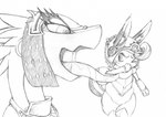 ambiguous_gender anthro armor bodily_fluids breath clothed clothing drooling duo female fur long_ears long_tongue male male/female open_mouth saliva saliva_string size_difference stench tongue yang_(artist) ever_oasis nintendo miura sol_(ever_oasis) drauk lagora scalie hi_res monochrome