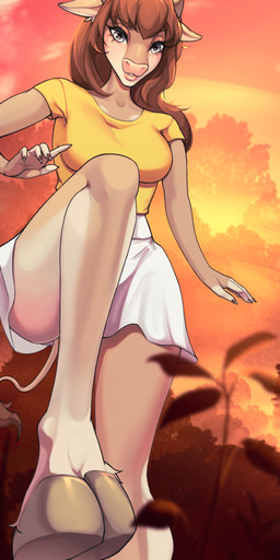 5_fingers anthro barefoot biped bottomwear breasts brown_hair clothed clothing cloud cloven_hooves countershade_face countershade_fur countershading eyebrows eyelashes feet female fingers foot_focus fully_clothed fur grey_eyes hair hoof_fetish hooves horn long_hair outside plant shirt skirt sky solo sunset tail tail_tuft tan_body tan_fur text topwear tuft white_bottomwear white_clothing white_skirt yellow_clothing yellow_shirt yellow_topwear v3nusbby honey_(kaptainleggy) bovid bovine cattle mammal 2023 absurd_res artist_name digital_media_(artwork) hi_res shaded