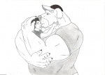 anthro duo eyes_closed hyper kissing larger_male macro male muscular size_difference smaller_male ramzo89 canid canine canis domestic_dog human mammal remi_(disambiguation) black_and_white monochrome