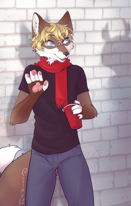 anthro black_clothing black_shirt black_topwear blonde_hair blue_eyes bottomwear brick brick_wall clothed clothed_anthro clothed_male clothing container cup electronics fur hair holding_object male male_anthro multicolored_body multicolored_fur oblivious pants pawpads pink_pawpads red_body red_fur red_scarf scarf shadow shirt solo tail topwear two_tone_body two_tone_fur wall_(structure) wave white_body white_fur leimu valdis_fox canid canine fox mammal 2022 hi_res watermark nonbinary_(lore)