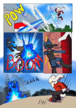 4_panel_comic ambiguous_gender anthro attack biped black_body black_fur black_nose black_text blade_arm blue_body blue_fire blue_fur bodily_fluids claws cloud colored_fire day dialogue exclamation_point explosion eyes_closed female fight fire fireball fur group kick landing male motion_lines open_mouth outside red_body red_fur red_text simple_background sky smoke sound_effects tail text tongue trio wall_(structure) white_body white_fur yellow_text novaarts nintendo pokemon pokemon_mystery_dungeon spike_chunsoft hopps_(novaarts) lu_(novaarts) arthropod canid canine canis fossil_pokemon generation_1_pokemon generation_4_pokemon generation_8_pokemon insect kabutops lagomorph mammal pokemon_(species) raboot riolu 2026 absurd_res comic digital_media_(artwork) english_text hi_res