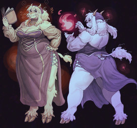 accessory alternate_species anthro black_coded book breasts butt butt_cleavage cleavage clothed clothing cloven_hooves elemental_manipulation female fire fire_manipulation fur furgonomics holding_book holding_object hooves horn jewelry mature_anthro mature_female ring slightly_chubby slightly_chubby_anthro slightly_chubby_female slit_dress solo sparkles tail tail_accessory tail_jewelry tail_ring white_body white_fur white_wool wool_(fur) wolfertinger undertale_(series) toriel boss_monster_(undertale) bovid caprine mammal sheep 2025 hi_res