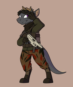 ambiguous_gender anthro armor body_armor boots bottomwear camo camo_bottomwear camo_clothing camo_pants camo_print clothed clothing digitigrade eyewear eyewear_on_head fingerless_gloves footwear furgonomic_footwear furgonomics gloves goggles goggles_on_head gun handwear holding_gun holding_machine_gun holding_object holding_ranged_weapon holding_weapon kerchief machine_gun neckerchief neckwear pants pattern_bottomwear pattern_clothing pattern_pants ranged_weapon shoes simple_background smile solo standing tail tan_background tapering_tail weapon ispark project_silverfish inheritor lizard reptile scalie hi_res signature