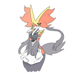 accessory anthro apron arm_tuft blush blush_lines bow_(feature) bow_ribbon breasts cheek_tuft clothing dress facial_tuft female female_anthro fur grey_body grey_fur hair_accessory hair_bow hair_ribbon huge_ears inner_ear_fluff looking_at_viewer maid_uniform medium_breasts multicolored_body multicolored_fur orange_body orange_fur pointy_ears pseudo_clothing red_eyes ribbons shoulder_tuft slim_anthro slim_female small_waist smile solo tail topwear tuft uniform white_body white_fur yellow_body yellow_fur kickhopper123 nintendo pokemon generation_9_pokemon mega_delphox mega_evolution pokemon_(species) 2026 digital_drawing_(artwork) digital_media_(artwork) hi_res
