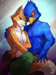 3:4 anthro avian bird canid canine clothed clothing duo falco_lombardi fox fox_mccloud hi_res male male/male mammal nintendo sitting star_fox topless zeitzbach