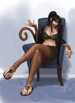 anthro bottomwear breasts chair clothing ear_piercing ear_ring female footwear furniture greek_toe hair navel piercing ring ring_piercing shoes skirt solo tail redustheriotact cavemanon_studios volcaldera_ashfall cathy_(volcaldera_ashfall) haplorhine mammal monkey primate hi_res
