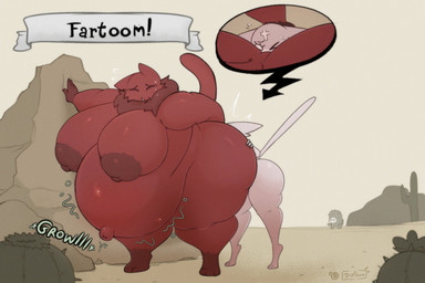 anthro belly big_belly big_breasts big_butt bloated bodily_fluids breasts butt cross desert duo empty_eyes eyelashes eyes_closed facial_markings female female/female flying_sweatdrops forehead_markings fur hand_on_head head_markings huge_breasts imminent_fart larger_anthro larger_female markings navel neck_tuft nude obese obese_anthro obese_female one_eye_closed outie_navel outside overweight overweight_anthro overweight_female pink_body pink_fur red_body red_fur rumbling_stomach shoving_face_in_butt size_difference standing sweat sweatdrop tail text tuft white_eyes dirtann mewgenics marshmallow_(mewgenics) domestic_cat felid feline felis mammal 2026 3:2 alternate_version_at_source hi_res signature
