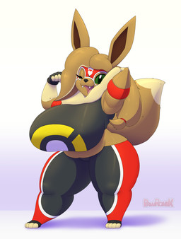 4_toes 5_fingers anthro anthrofied armband armwear big_breasts black_clothing black_gloves black_handwear black_nose breasts brown_body brown_fur clothed clothed_anthro clothed_female clothing colored_sclera curvy_figure cute_fangs ears_up fangs feet female fingerless_gloves fingers flexing flexing_bicep fluffy fluffy_tail footprint footwear fur gloves gradient_background green_eyes green_sclera hair hand_behind_head handwear huge_breasts leggings legwear long_ears long_hair looking_at_viewer mask multicolored_body multicolored_clothing multicolored_hair neck_tuft one_eye_closed open_mouth pawprint paws pink_tongue ponytail pose print_clothing red_armwear red_clothing shirt shortstack shortstack_female simple_background smile socks solo sports_mask sportswear standing tail tan_body tank_top teeth thick_thighs toes tongue topwear tuft two_tone_hair voluptuous voluptuous_anthro voluptuous_female wide_hips wrestling_mask wrestling_outfit pawronik nintendo pokemon jessica_(pawronik) eevee generation_1_pokemon pokemon_(species) absurd_res hi_res