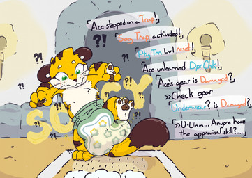 anthro big_diaper black_body black_fur blush bodily_fluids clothed clothing diaper diaper_fetish diaper_only dungeon exclamation_point fur genital_fluids green_diaper green_eyes level_drain male on_one_leg orange_body orange_fur pawpads question_mark raincloud rpg_dungeon solo standing text topless torch trap_(pokemon_mystery_dungeon) unclean_diaper urine used_diaper wearing_diaper wet_diaper wetness_indicator wetting wetting_diaper boredomwithfriends ace_(boredomwithfriends) felid mammal pantherine tiger english_text hi_res