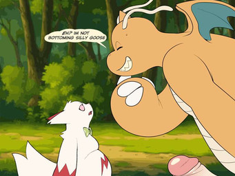 antennae_(anatomy) anthro anthro_on_anthro big_penis bow_tie claws detailed_background dialogue duo erection forest fur genitals glans grass humanoid_genitalia humanoid_penis imminent_sex looking_at_another male male/male nude overweight overweight_anthro overweight_male penis plant shrub size_difference standing text tree tuft wings conditional_dnp erobos nintendo pokemon dragonite generation_1_pokemon generation_3_pokemon pokemon_(species) zangoose 2025 4:3 english_text