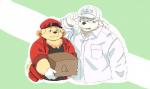 anthro clothing duo fur hat headgear headwear humanoid_hands male overweight overweight_male shirt text topwear white_body white_fur yellow_body yellow_fur 6xiachunqiu7 cells_at_work! lifewonders tokyo_afterschool_summoners cu_sith_(tas) leib_(tas) red_blood_cell_(cells_at_work!) white_blood_cell_(cells_at_work!) bear canid canine canis cell_(cells_at_work!) cell_(organism) domestic_dog mammal micro_organism_(organism) polar_bear ursine 2018 japanese_text