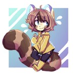 anthro blue_eyes boots brown_body brown_fur brown_hair clothed clothing female footwear fur garter_straps hair legwear long_tail paws rain_coat shoes simple_background solo tail tan_body tan_fur thigh_highs zipper anakoluth luca_(anakoluth) ailurid mammal red_panda hi_res