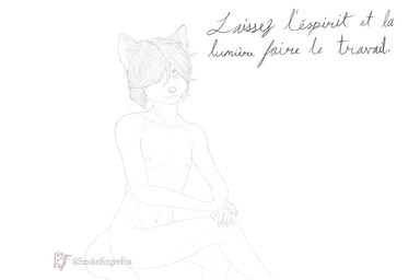anthro bangs claws crossed_legs ear_piercing ear_ring eyebrows female finger_claws flat_chested hair inner_ear_fluff navel neoclassical nipples piercing ring_piercing short_hair sitting solo study tail text tuft young smokesingerfox alex_(horemheb) canid canine fox mammal absurd_res digital_media_(artwork) french_text hi_res monochrome sketch