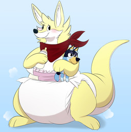 3_fingers 3_toes ambiguous_gender anthro baby_bottle beverage big_diaper black_nose blue_background blush blush_lines bottle character_plushie claws clean_diaper clothed clothing container diaper diaper_puff feet finger_claws fingers fur holding_beverage holding_bottle holding_container holding_object holding_plushie huge_diaper kerchief multicolored_body multicolored_fur neckerchief neckwear plushie red_kerchief red_neckerchief simple_background smile solo standing three-quarter_view toe_claws toes two_tone_body two_tone_fur wearing_diaper white_body white_claws white_diaper white_finger_claws white_fur white_inner_ear white_toe_claws yellow_body yellow_ears yellow_fur fang29 bluey_(series) bandit_heeler fang29_(character) canid canine canis domestic_dog hybrid kangaroo macropod mammal marsupial 2024 absurd_res full-length_portrait hi_res portrait