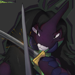 3_fingers 4_arms ambiguous_gender antennae_(anatomy) anthro biped butt claws clenched_teeth digitigrade exoskeleton fingers freckles gesture green_body hair long_hair looking_at_viewer mandibles markings melee melee_weapon multi_arm multi_limb purple_body reflection simple_background smile solo sparks spots spotted_body sword teeth waving weapon wolli_mazangui arthropod beetle insect rhinoceros_beetle scarabaeid 1:1 absurd_res hi_res huge_filesize signature