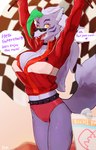 anthro bottomwear breasts camel_toe clothed clothing countershading dialogue ear_piercing eyewear female fur green_hair hair looking_at_viewer open_mouth piercing race_queen shorts smile solo standing sunglasses text buta99 five_nights_at_freddy's five_nights_at_freddy's:_security_breach scottgames steel_wool_studios roxanne_wolf canid canine canis mammal wolf 2022 absurd_res digital_media_(artwork) english_text hi_res shaded