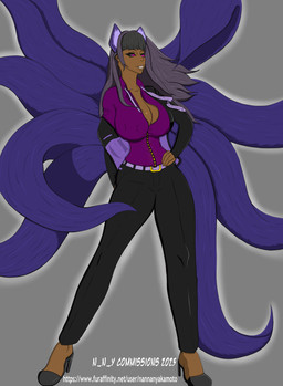 big_breasts black_hair black_sclera blouse breasts brown_body brown_skin business_suit cleavage cleavage_cutout clothed clothing curvy_figure cutout female glowing glowing_eyes hair multi_tail multicolored_hair purple_tail solo suit tail topwear iskara nan_nan_yakamoto_(artist) original_character_do_not_steal animal_humanoid canid canid_humanoid canine canine_humanoid deity fox_humanoid humanoid mammal mammal_humanoid