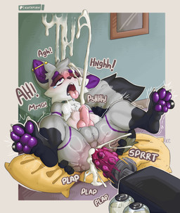 abdominal_bulge ahegao anal anal_penetration animal_genitalia animal_penis anthro balls belly blush bodily_fluids butt butt_grab canine_genitalia canine_penis claws crying cum cum_as_lube cum_in_ass cum_in_eye cum_inflated_belly cum_inflation cum_inside cum_on_face cum_on_self cum_on_wall cumshot dildo dildo_in_ass dildo_insertion drooling ear_piercing ejaculation erection excited excited_expression fangs feet fluffy fluffy_tail foot_fetish foot_focus forced forced_orgasm fucked_silly fucking_machine genital_fluids genitals grey_body hand_on_butt holding_butt inflation knot leaking_cum leg_markings legs_up looking_pleasured loud_sex machine male markings messy moan nubbed_penis nude object_in_ass onomatopoeia open_mouth orgasm pawpads paws penetration penis piercing pillow precum raised_paw riding_dildo rough_sex saliva satisfaction satisfied sex sex_toy sex_toy_in_ass sex_toy_insertion shaking shaking_legs sitting socks_(marking) solo sound_effects spread_legs spreading submissive tail tears tears_of_pleasure teeth text toe_claws tongue tongue_out katxfish azzy_the_trash_panda canid canine canis hybrid mammal procyonid raccoon wolf absurd_res hi_res