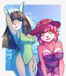 anthro breasts buckteeth cleavage clothed clothing cloud day duo female green_eyes green_one-piece_swimsuit hair hand_behind_head hat headgear headwear looking_at_viewer midriff one-piece_swimsuit outside pink_hair smile swimwear teeth water articaartes candice_verdania emerald_verdania bear lagomorph leporid mammal rabbit hi_res