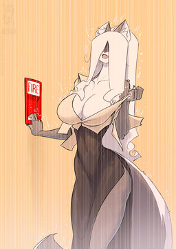 anthro big_breasts breasts cleavage clothed clothing female fire_alarm fully_clothed fur grey_body grey_fur hair hair_over_eyes slit_dress solo water white_body white_fur white_hair conditional_dnp jollyjack chloe_sinclaire mammal mephitid skunk 2025