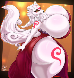 5_fingers anthro anthrofied big_breasts big_butt black_sclera breasts butt cleavage clothed clothing dress eyebrows eyelashes female female_anthro fingers fur huge_breasts huge_butt huge_thighs humanoid_hands hyper hyper_breasts hyper_butt looking_at_viewer looking_back looking_back_at_viewer markings neck_tuft red_markings solo text thick_thighs tuft white_body white_fur yellow_eyes nightlyflare capcom okami_(capcom) amaterasu_(okami) canid canine canis mammal wolf 2026 artist_name dated digital_media_(artwork) hi_res