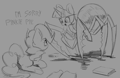 alternate_form book curly_hair duo female feral hair lying on_front simple_background smile text impamy friendship_is_magic hasbro my_little_pony pinkie_pie_(mlp) twilight_sparkle_(mlp) arachnid arthropod earth_pony equid equine horse mammal pony spider english_text greyscale hi_res monochrome sketch