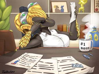 anthro beverage big_breasts boss breasts clothed clothing coffee desk ear_piercing ear_ring female furniture horn inside nonchalant office piercing ring_piercing solo table text tight_clothing yellow_horn javshadow capcom monster_hunter mythology elder_dragon kulve_taroth mythological_creature mythological_scalie scalie 4:3 absurd_res digital_media_(artwork) hi_res