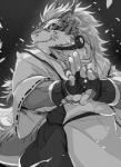 anthro beard claws clothing eyewear facial_hair glasses kemono male mature_anthro mature_male solo kmd023 asian_mythology east_asian_mythology mythology utau shiki_taigen dragon eastern_dragon mythological_creature mythological_scalie scalie monochrome