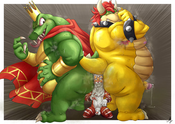 3_toes 4_fingers anthro belly between_butts bodily_fluids bracelet butt cape clothing feet fingers forced genital_fluids group jewelry king leaking_precum male male/male musk overweight overweight_male precum royalty slightly_chubby smelly spiked_bracelet spikes sweat toes trio laught laught468 donkey_kong_(series) mario_bros nintendo bowser king_k._rool alligatorid crocodile crocodilian dragon_koopa reptile scalie absurd_res hi_res