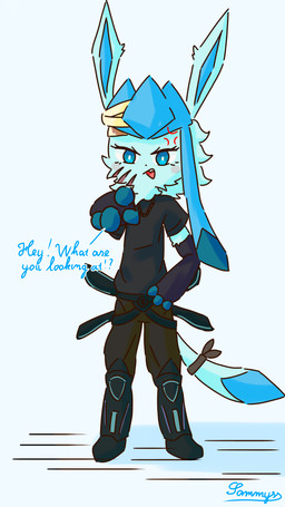4_fingers angry anthro anthrofied armwear belt black_boots black_clothing black_footwear black_gloves black_handwear black_shirt black_t-shirt black_topwear blood_on_bandage blue_body blue_ears blue_eyes blue_fur blue_hair blue_inner_ear blue_tail blue_tail_tip blush boots bottomwear brown_bottomwear brown_clothing brown_pants chain_necklace claw_marks clothing dipstick_tail elbow_gloves eyelashes facial_scar female fingerless_gloves fingers flat_chested footwear fur gesture gloves hair hand_gesture handwear jewelry looking_at_viewer markings necklace open_mouth pants pointing pointing_at_viewer pokemorph scar shirt shoes short_hair solo standing t-shirt tail tail_markings talking_to_viewer text topwear waist_accessory weapon conditional_dnp xammyxx nintendo pokemon fan_character eeveelution generation_4_pokemon glaceon pokemon_(species) 2025 4k 9:16 absurd_res digital_media_(artwork) english_text hi_res ibispaint_(artwork) shaded signature watermark
