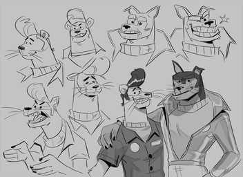 angry anthro bodily_fluids clothed clothing cloudco drooling duo fully_clothed hair looking_at_viewer male pompadour saliva smile tears underbite whiskers polartoons buddy_thunderstruck_(series) buddy_thunderstruck_(character) darnell_(buddy_thunderstruck) canid canine canis domestic_dog mammal mustelid musteline true_musteline weasel 2019 half-length_portrait monochrome portrait