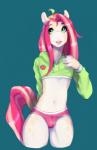 anthro bulge clothed clothing femboy green_eyes hair hoodie long_hair male midriff navel pink_hair simple_background solo topwear underwear zamzi appleberry_(chocoteenie) equid equine horse mammal pony digital_media_(artwork) hi_res portrait three-quarter_portrait