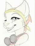 anthro big_ears brown_eyes clothed clothing eyewear female fur goggles grin kerchief looking_at_viewer one_eye_closed simple_background smile solo white_background wink sierraar taykoe ziva_mo'taki_ta'kim felid mammal tajaran 2018 absurd_res artist_collaboration graphite_(artwork) hi_res traditional_media_(artwork)