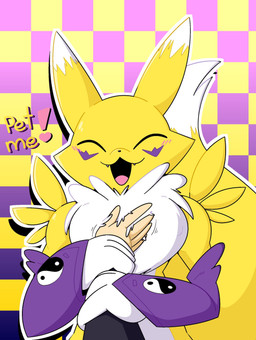 ambiguous_gender ambiguous_pov anthro armwear blush bridal_gauntlets checkered checkered_background chest_tuft clothing dialogue dipstick_ears dipstick_tail duo ear_markings exclamation_point eyes_closed first_person_view hand_on_chest human_pov markings multicolored_body multicolored_ears open_mouth open_smile pattern_background simple_background smile tail tail_markings talking_to_viewer text tuft two_tone_body white_body white_skin yin_yang ekkokenight bandai_namco digimon canid digimon_(species) human mammal renamon digital_media_(artwork) english_text hi_res unavailable_at_source