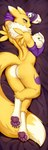 anthro big_breasts biped black_sclera blue_eyes breasts butt claws countershade_fur countershading dakimakura dipstick_tail feet female fingers fur looking_at_viewer looking_back looking_back_at_viewer markings pawpads paws smile smiling_at_viewer soles solo tail tail_markings toes yellow_body yellow_fur krokobyaka bandai_namco digimon canid canine digimon_(species) mammal renamon 2023 dakimakura_design