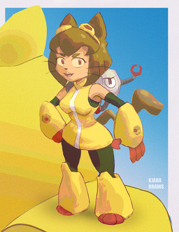 anthro breasts brown_body brown_hair clothed clothing duo eyebrows eyewear eyewear_on_head female goggles goggles_on_head hair machine magenta_eyes male whiskers wide_hips yellow_sclera raikoh-illust gameoverse glitch_productions kaboodle_(gameoverse) kit_bodega domestic_cat felid feline felis mammal robot 2026 hi_res