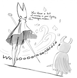 accident accidental_exposure ambiguous_gender anthro cloak cloak_only clothed clothing dialogue duo female genitals horn innie_vulva leaf low-angle_view melee_weapon non-mammal_vulva simple_background size_difference slim standing sword text vessel vulva weapon wind the-minuscule-task hollow_knight_(franchise) team_cherry hornet_(hollow_knight) the_knight_(hollow_knight) arachnid arthropod spider vessel_(species) english_text hi_res monochrome