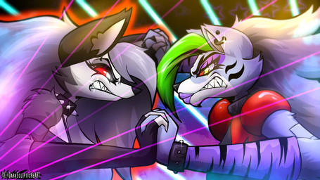 angry clothed clothing collar duo ear_piercing female machine piercing red_sclera spiked_collar spikes darkeclipticheart five_nights_at_freddy's five_nights_at_freddy's:_security_breach hellaverse helluva_boss mythology scottgames steel_wool_studios loona_(helluva_boss) roxanne_wolf animatronic canid canid_demon canine canis demon hellhound mammal mythological_canine mythological_creature robot wolf 16:9 absurd_res crossover hi_res widescreen