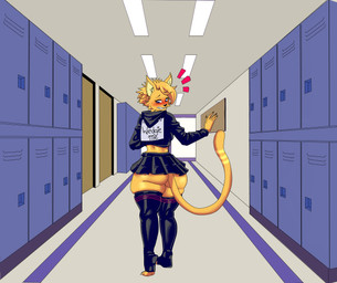 anthro big_butt bottomwear butt clothed clothing cropped_hoodie embarrassed exposed_butt femboy hallway huge_butt male miniskirt school school_hallway sign_on_back skirt solo upskirt dlovolb star_(maddyhexx) felid feline mammal absurd_res hi_res