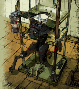 anthro black_body black_claws black_fur bound claws detailed_background drain eye_roll fur inside iv_bag iv_in_arm iv_line male medical_instrument medical_syringe monitors prisoner scientific_instrument solo stress_position syringe torture wire wire_in_head jeffusherb canid canine mammal digital_media_(artwork) pixel_(artwork)