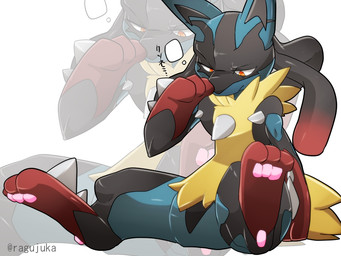 3_fingers 3_toes anthro black_body blue_body feet fingers fur kemono looking_down narrowed_eyes orange_eyes pawpads pink_pawpads red_body simple_background sitting snout solo spikes spread_legs spreading text toes white_background yellow_body yellow_fur ragujuka nintendo pokemon generation_6_pokemon mega_evolution mega_lucario pokemon_(species) 2015 4:3 artist_name japanese_text