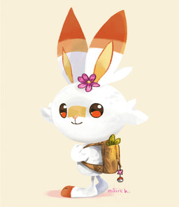 ambiguous_gender backpack buckteeth dipstick_ears ear_markings feral flower fur looking_at_viewer multicolored_ears orange_body orange_eyes orange_fur plant solo teeth white_body white_fur maire-k nintendo pokemon generation_8_pokemon lagomorph mammal pokemon_(species) scorbunny 2019 animated signature