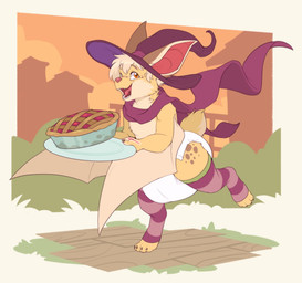 ambiguous_gender anthro big_diaper border brown_body brown_ears brown_fur brown_spots building claws clean_diaper clothed clothing diaper fangs finger_claws food fur grass hair hat headgear headwear holding_object holding_plate leg_warmers legwear markings on_one_leg open_mouth open_smile pastry pattern_clothing pattern_leg_warmers pattern_legwear pawpads pie pink_pawpads plant plate purple_claws purple_clothing purple_hat purple_headwear purple_leg_warmers purple_legwear purple_scarf red_inner_ear red_nose scarf shrub sky smile solo spots spotted_body spotted_face spotted_fur standing striped_clothing striped_leg_warmers striped_legwear stripes tail tan_body tan_fur tan_hair tan_tail tan_wings teeth toe_claws tongue tongue_out two_tone_tail wearing_diaper white_border white_diaper winged_arms wings wizard_hat yellow_body yellow_fur yellow_tail bubblepuppers archmage_myst_(daxter131) bat mammal hi_res